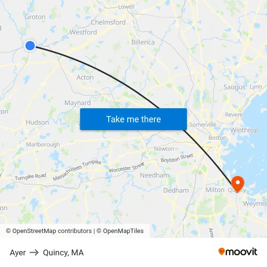 Ayer to Quincy, MA map