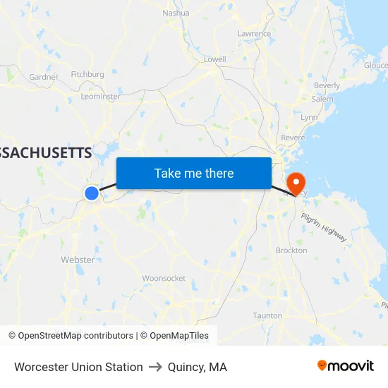 Worcester Union Station to Quincy, MA map
