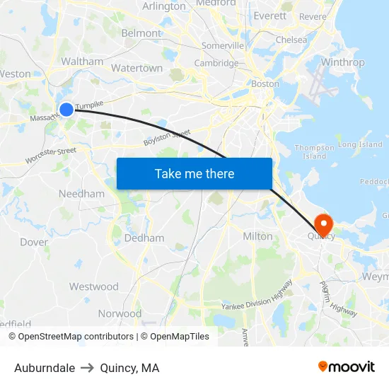 Auburndale to Quincy, MA map