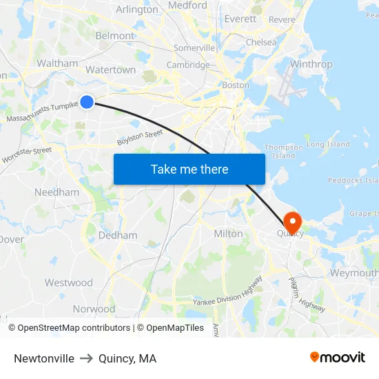 Newtonville to Quincy, MA map