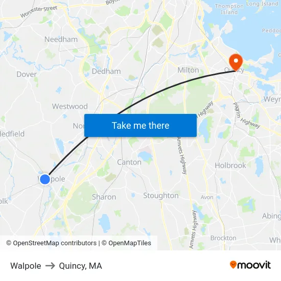 Walpole to Quincy, MA map