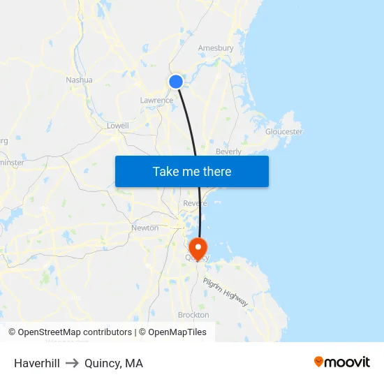 Haverhill to Quincy, MA map