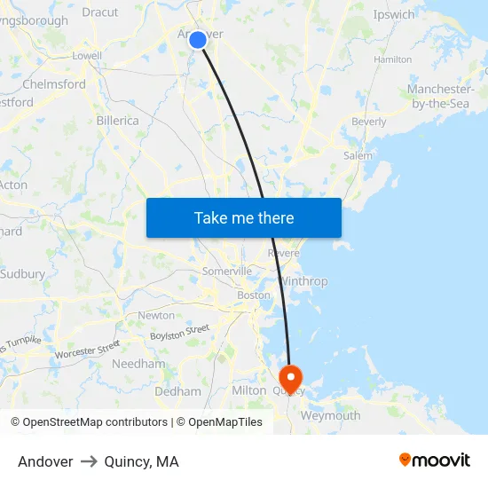 Andover to Quincy, MA map