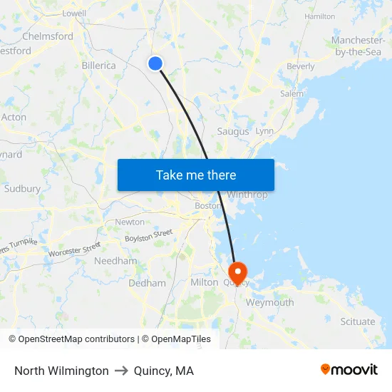 North Wilmington to Quincy, MA map