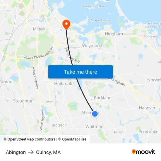 Abington to Quincy, MA map