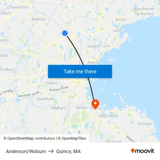 Anderson/Woburn to Quincy, MA map