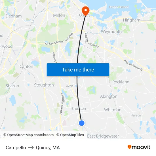 Campello to Quincy, MA map