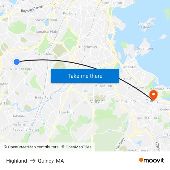 Highland to Quincy, MA map