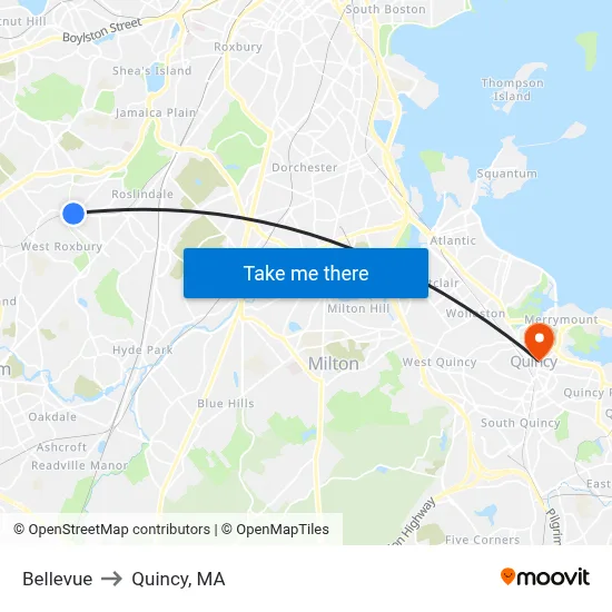 Bellevue to Quincy, MA map
