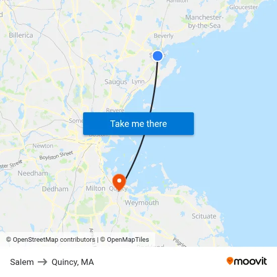 Salem to Quincy, MA map