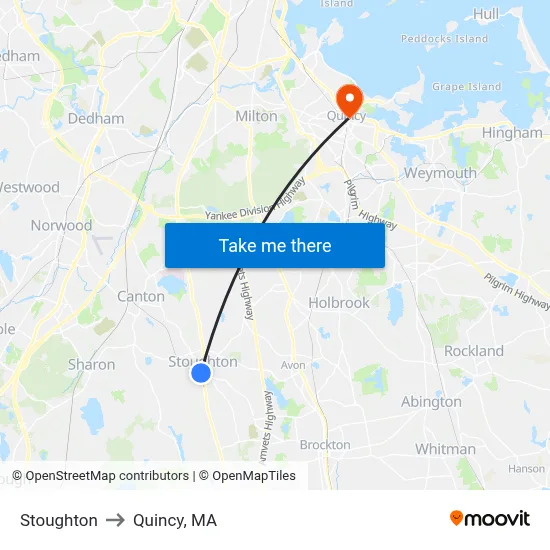Stoughton to Quincy, MA map