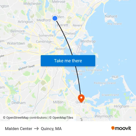 Malden Center to Quincy, MA map