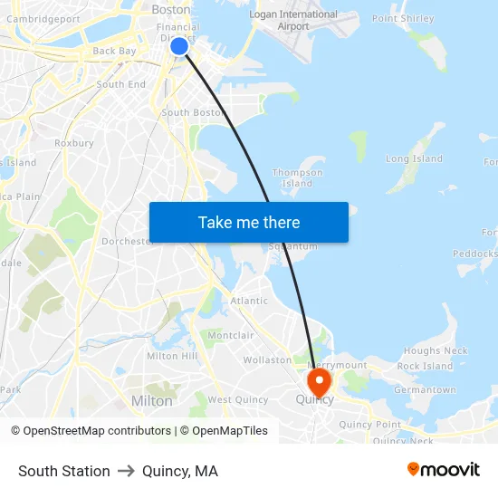 South Station to Quincy, MA map