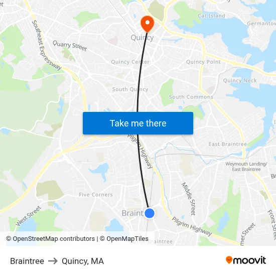 Braintree to Quincy, MA map