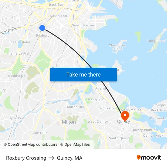 Roxbury Crossing to Quincy, MA map