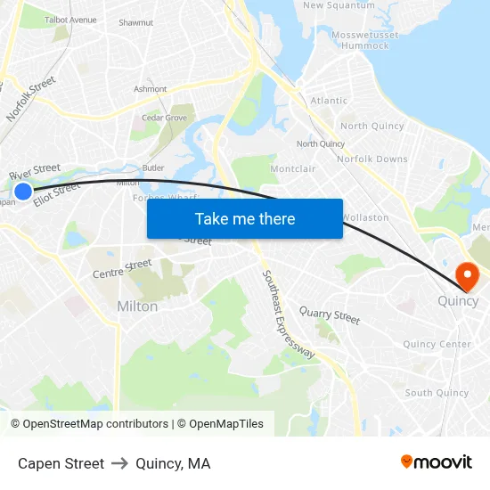 Capen Street to Quincy, MA map