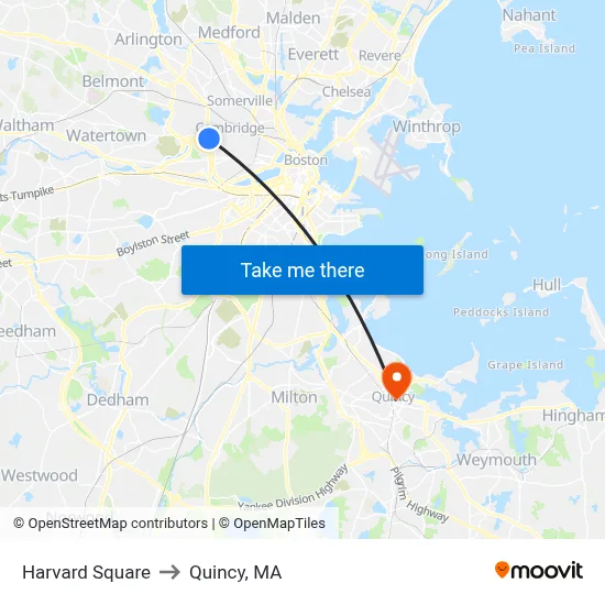 Harvard Square to Quincy, MA map
