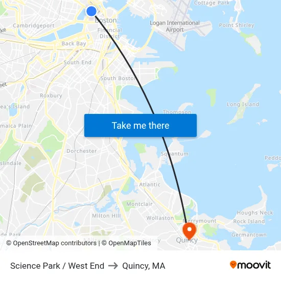Science Park / West End to Quincy, MA map