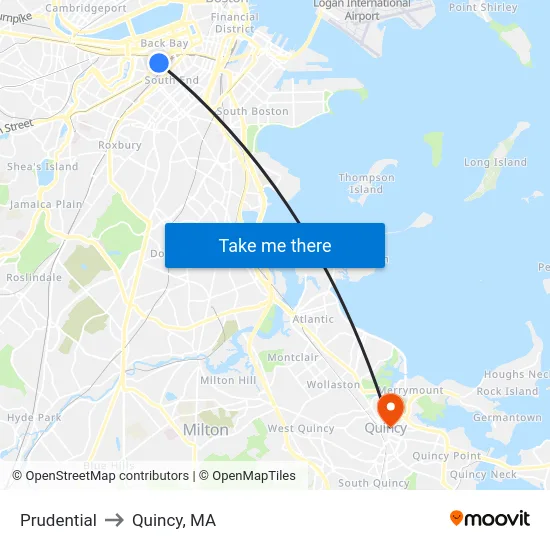 Prudential to Quincy, MA map