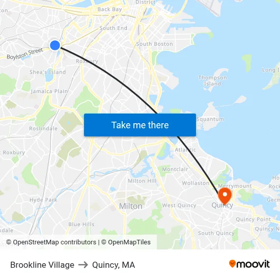 Brookline Village to Quincy, MA map
