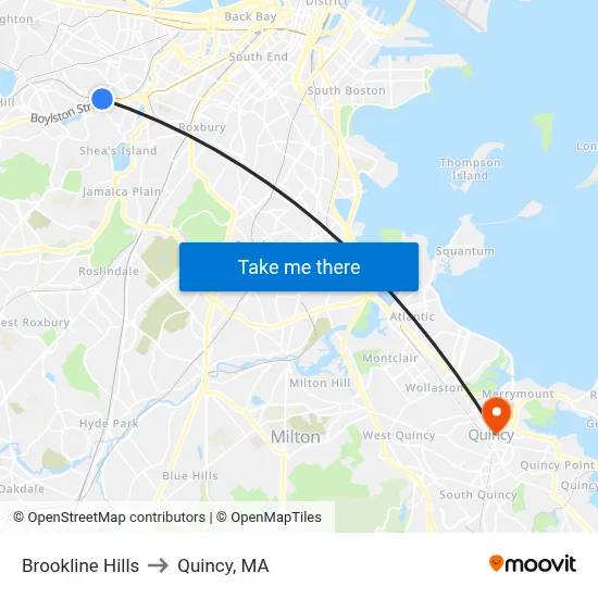 Brookline Hills to Quincy, MA map