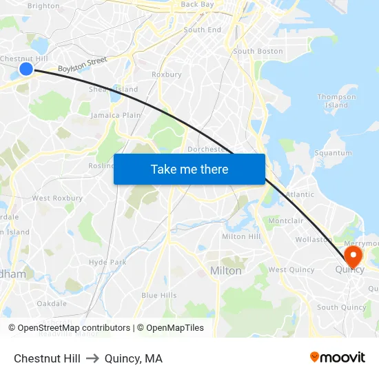 Chestnut Hill to Quincy, MA map