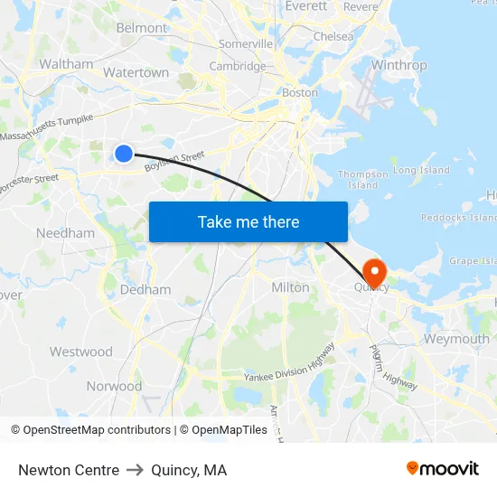 Newton Centre to Quincy, MA map