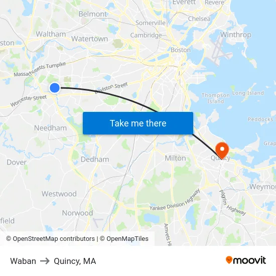 Waban to Quincy, MA map