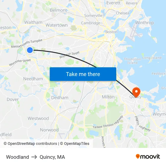 Woodland to Quincy, MA map