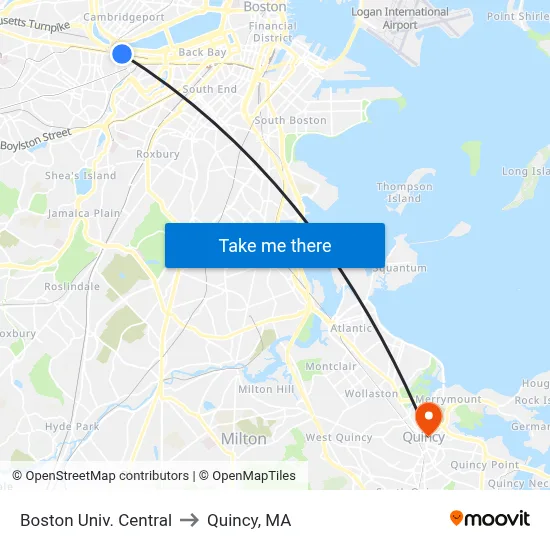 Boston Univ. Central to Quincy, MA map