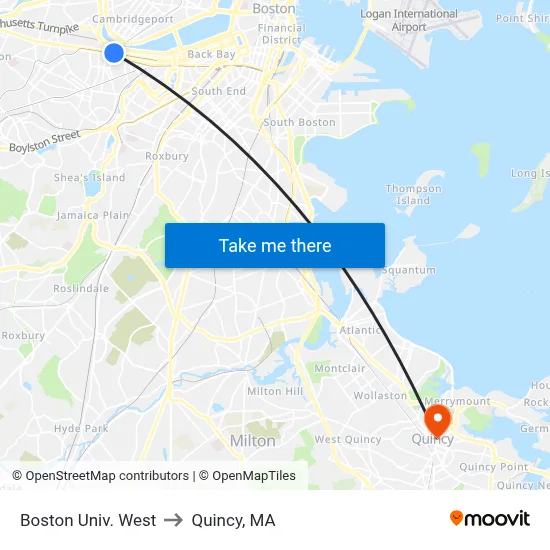 Boston Univ. West to Quincy, MA map