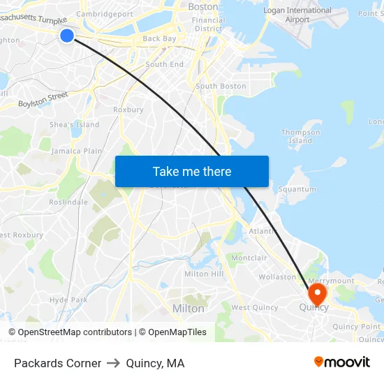 Packards Corner to Quincy, MA map