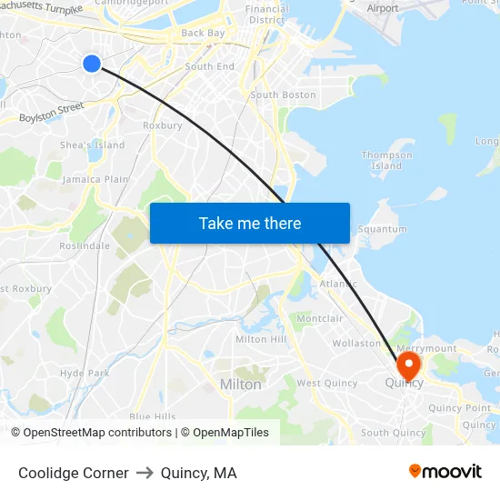 Coolidge Corner to Quincy, MA map