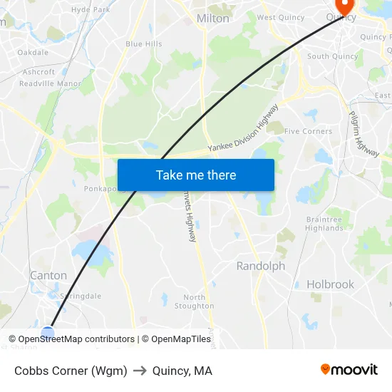 Cobbs Corner (Wgm) to Quincy, MA map