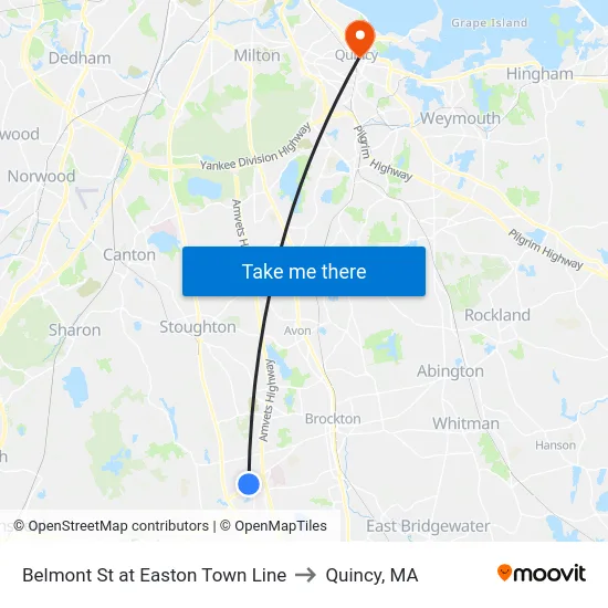 Belmont St at Easton Town Line to Quincy, MA map