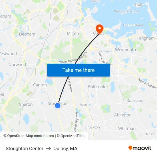 Stoughton Center to Quincy, MA map
