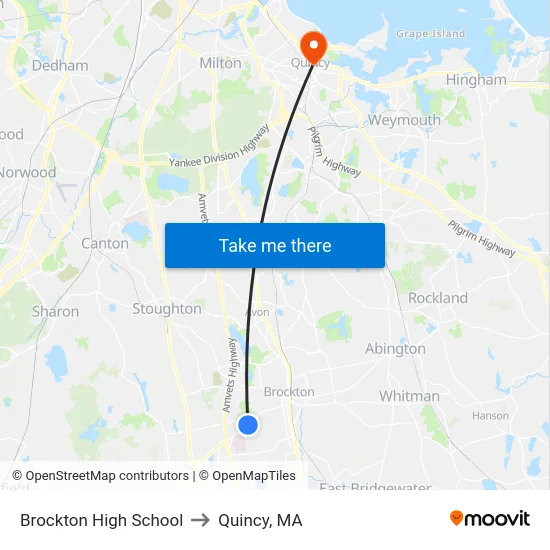 Brockton High School to Quincy, MA map