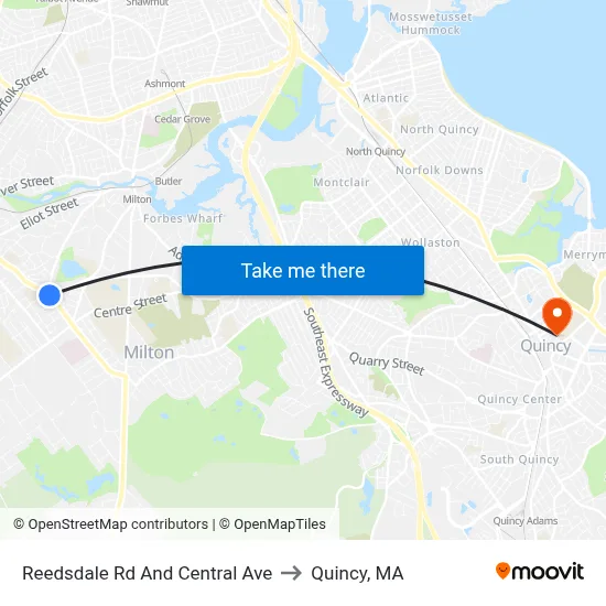Reedsdale Rd And Central Ave to Quincy, MA map