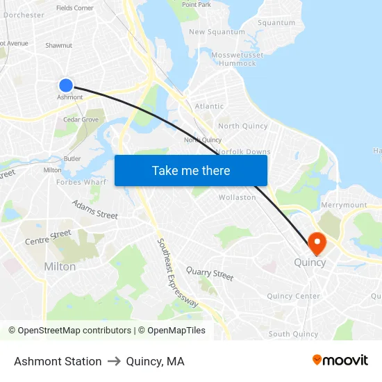 Ashmont Station to Quincy, MA map