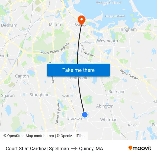 Court St at Cardinal Spellman to Quincy, MA map