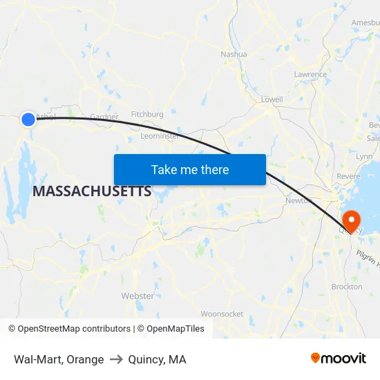Wal-Mart, Orange to Quincy, MA map