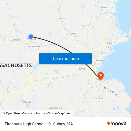 Fitchburg High School to Quincy, MA map