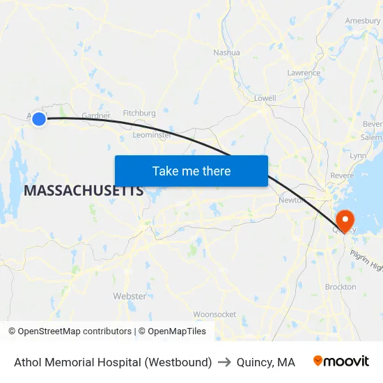 Athol Memorial Hospital (Westbound) to Quincy, MA map