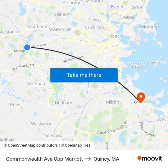 Commonwealth Ave Opp Marriott to Quincy, MA map