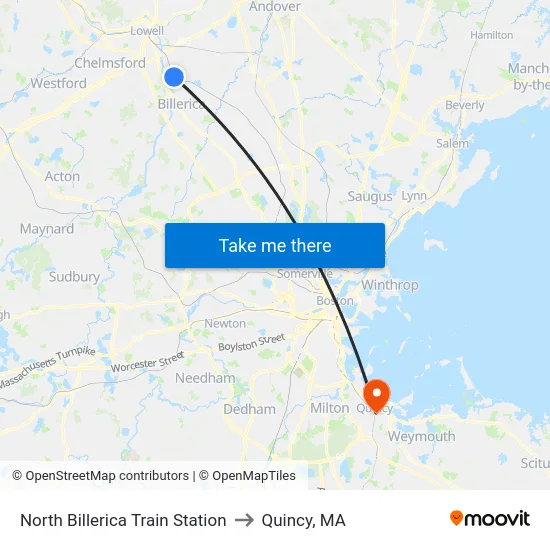 North Billerica Train Station to Quincy, MA map