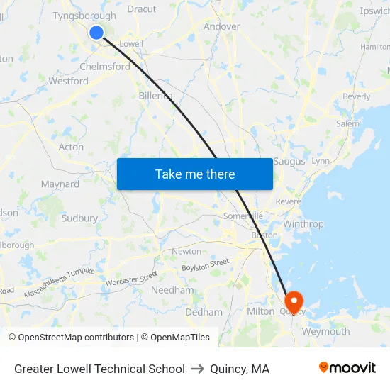 Greater Lowell Technical School to Quincy, MA map
