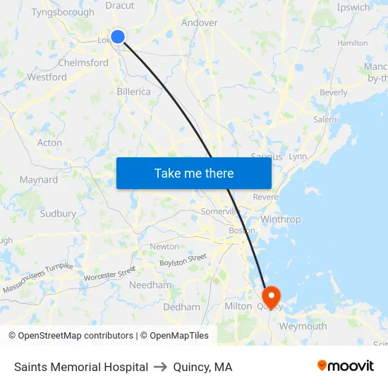 Saints Memorial Hospital to Quincy, MA map
