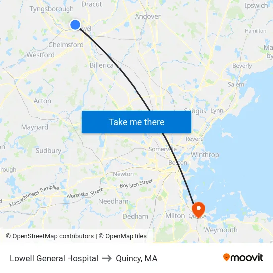 Lowell General Hospital to Quincy, MA map