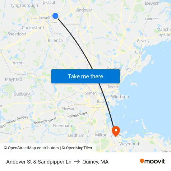 Andover St & Sandpipper Ln to Quincy, MA map