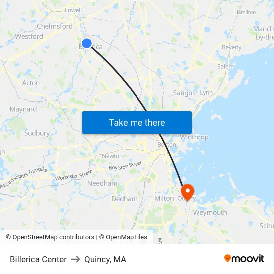 Billerica Center to Quincy, MA map